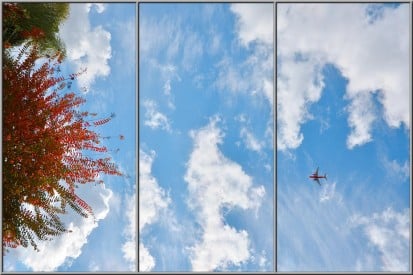 sky ceiling with plane and red tree fluorescent light covers 3 panel setup