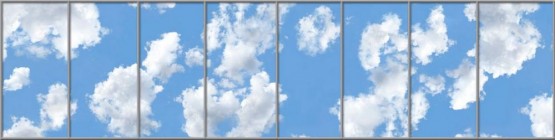 sky ceiling corridor with clouds fluorescent light covers